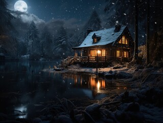 Fototapeta premium a cabin on a small lake in snowy winter at christmas evening 