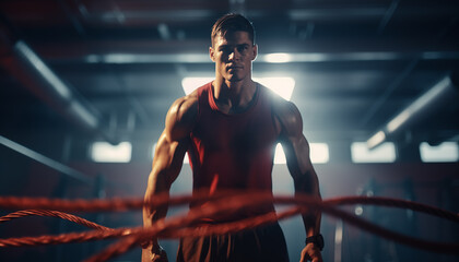 Active young man training with battle rope in the gym