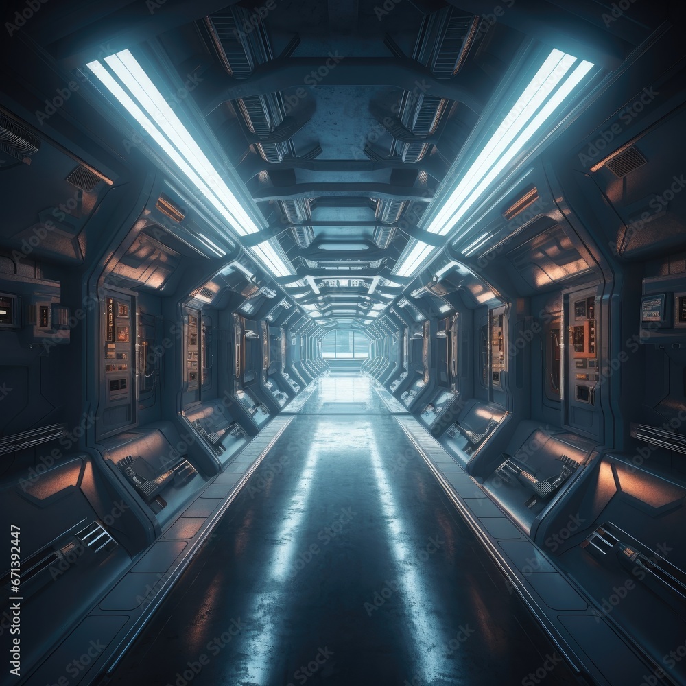 Poster futuristic corridor with glowing lights. 3d rendering toned image