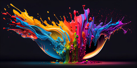 Explosion of colored paints on a black background. Colorful rainbow; color splash palette. AI generated. - obrazy, fototapety, plakaty