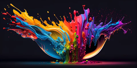 Fotobehang Explosion of colored paints on a black background. Colorful rainbow  color splash palette. AI generated. © serperm73