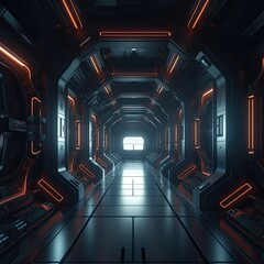 Futuristic scifi tunnel corridor with glowing lights 3D rendering