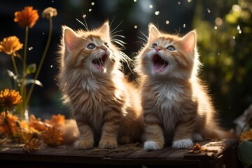 Two cute kitten or cat baby sit close in a winter morning, cute kitty friendship - Powered by Adobe