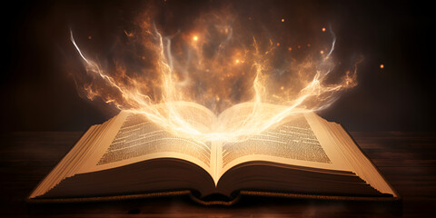 Open book with magic light Magic book , Knowledge Open Book on Dark Background generative AI - obrazy, fototapety, plakaty