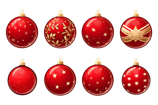Red and golden Christmas tree bauble ornaments illustrations isolated on transparent or white background