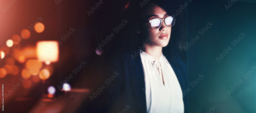 Aufkleber Computer, night and programmer with a black woman developer working late in her office for coding. Software, cybersecurity and programming with a female coder at work for overtime on a project