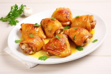 cooked chicken thighs on a white dish with herbs