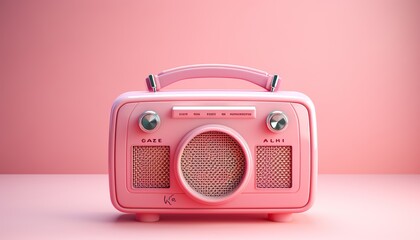 Cute pink portable retro radio.  - obrazy, fototapety, plakaty