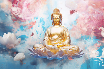 abtract painting of golden buddha and lotuses - obrazy, fototapety, plakaty