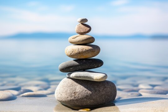three rocks balancing in a stack by a seashore