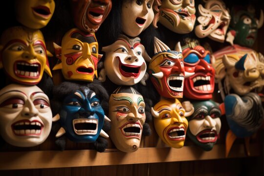 close-up of traditional masks used in theater