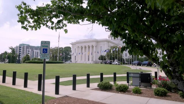 Alabama state capitol building in Montgomery, Alabama with gimbal video walking forward in slow motion.