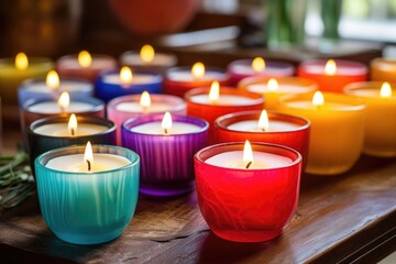 hand-poured colorful soy wax candles on a table - obrazy, fototapety, plakaty