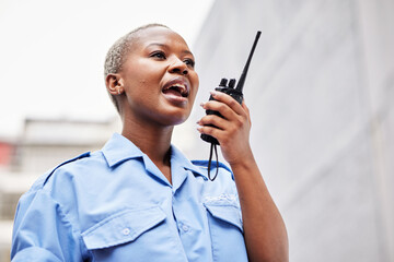 Walkie talkie, woman and security guard with radio outdoor for safety, justice and call backup. Black female police officer, bodyguard and contact audio communication for crime watch and surveillance - obrazy, fototapety, plakaty