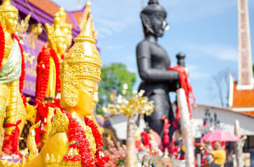 Golden Thao Wessuwan or Vasavana giant statue at Bang Chak Temple Nonthaburi Province. copy space