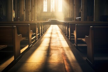 light streaming through cathedral windows on empty pews