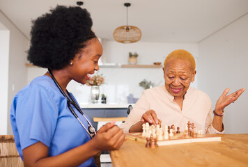 Nurse playing chess with a mature woman after a healthcare consultation in nursing rehabilitation...
