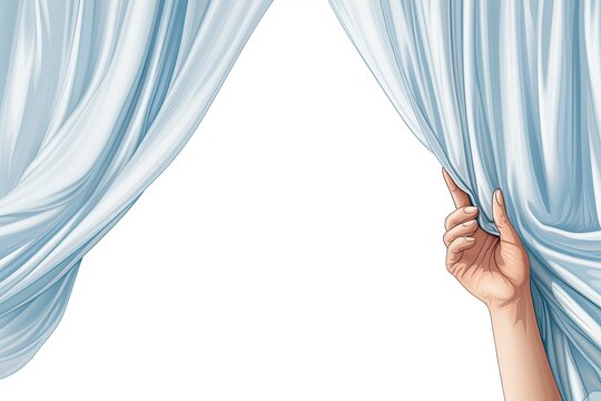 Illustration of Hand Pulling Back Blue Curtain on a Blank White Background