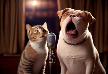A cat and a dog sing in a karaoke bar. AI generated.