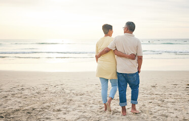 Senior couple hug, back and beach, ocean and travel with bonding and love, trust and marriage outdoor. Adventure, tropical holiday and waves, man and woman with loyalty and life partner in nature