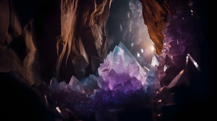 Cave's interior showcases amethyst crystals in purple and white hues, illuminated by a directed beam of light. A striking display of nature's beauty.