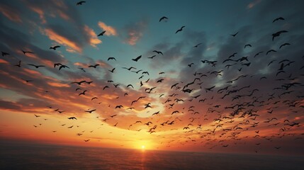 A sky alive with the rapid movement of swallows, their synchronized flights creating patterns against the sunset. - obrazy, fototapety, plakaty