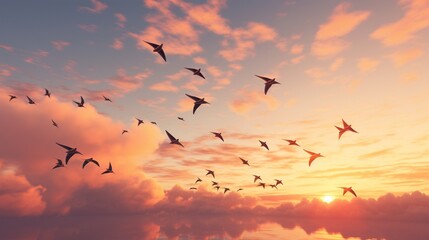 A sky alive with the rapid movement of swallows, their synchronized flights creating patterns against the sunset. - Powered by Adobe