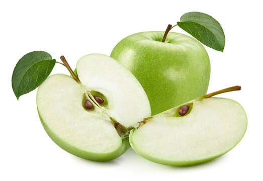 Whole green apple half and quarter piece isolated