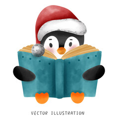 Cozy Christmas Penguin Reading a Book Watercolor Festive Illustration