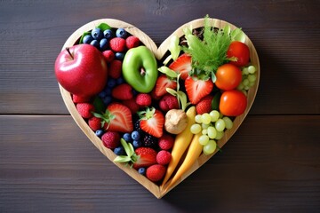 Heart made of fresh fruits and vegetables on wooden background