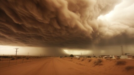 A sky dominated by an impending dust storm, the horizon blurred and colors taking a sepia tone.