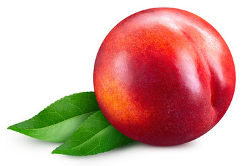 Ripe peach with leaf isolated