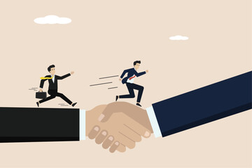 Agreements, business agreements, mutual agreements, people running over obstacles hand in hand towards mutual success.