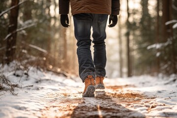Back view of a man walking in a winter forest. Close up of legs - Powered by Adobe