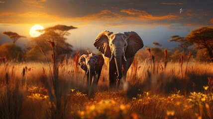 African elephant family in front of the stunning savanna sky at sunset