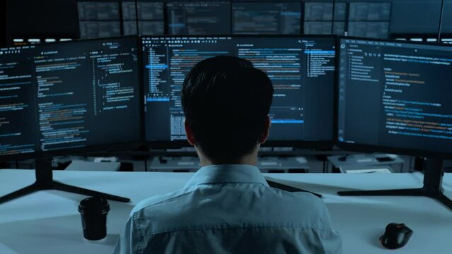 Back View Of Asian Man Developer Using Computer To Write Code With Multiple Screens In The Office
