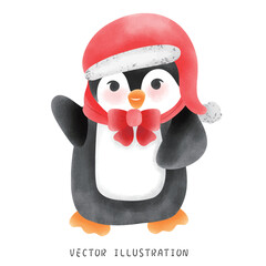 Adorable Winter Penguin with Red Scarf and Hat Whimsical Christmas Illustration