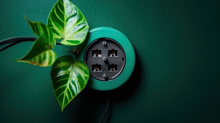 A power outlet with a plant in the background - obrazy, fototapety, plakaty