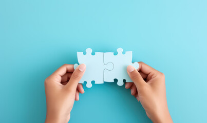 hands holding a jigsaw puzzle on pastel blue background