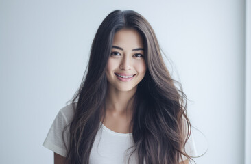 Fototapeta premium Portrait of a young beautiful Asian woman with long hair