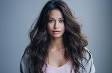 Fototapeta premium Portrait of a young beautiful Asian woman with long hair