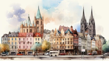 Fototapeta na wymiar An illustration of Cologne's old town in colorful watercolors, isolated on a white background