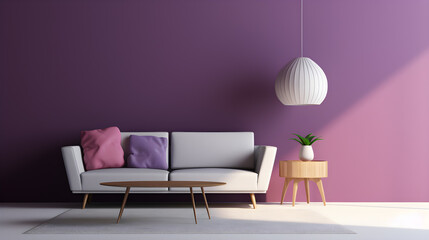 Minimalist living room with chic purple walls, 3D rendering.
