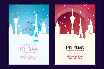 Las Vegas city poster with Christmas skyline, cityscape, landmarks. Winter USA holiday, New Year vertical vector layout for Nevada brochure, website, flyer, leaflet, card © Anastasiia