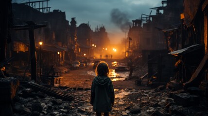A sad child stands in front of buildings that have collapsed due to war