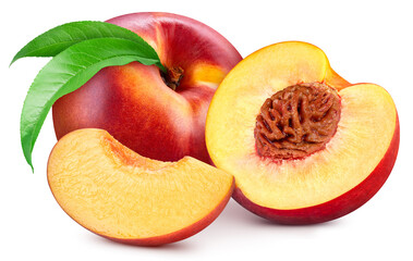 Peach fruit with mango leaf isolated on white background