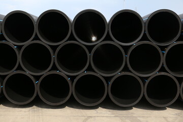 PE pipe plant, Industrial PE pipeline for gas and water. HDPE pipe, Polyethylene PE100 pipe. Polyethylene pipe plant