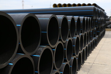 PE pipe plant, Industrial PE pipeline for gas and water. HDPE pipe, Polyethylene PE100 pipe. Polyethylene pipe plant