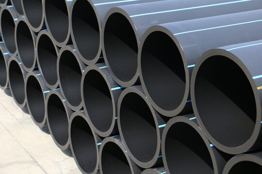PE pipe plant, Industrial PE pipeline for gas and water. HDPE pipe, Polyethylene PE100 pipe. Polyethylene pipe plant