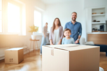 Fototapeta na wymiar New apartment with cardboard boxes and blurred happy family on background. Concept of mortgage, real estate and home loan. Moving day